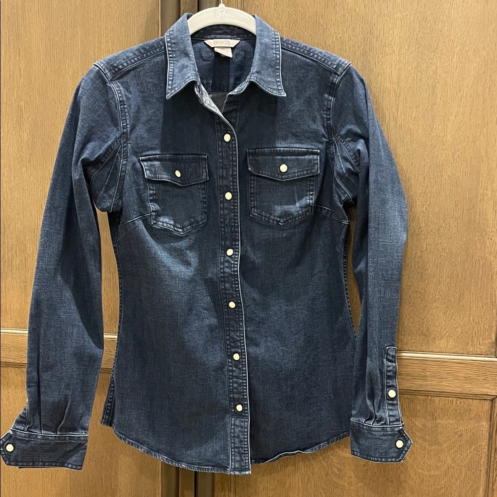 Duluth Trading Co Denim stretch Cotton Blend Western Shirt w/ Pearl Snaps - EUC